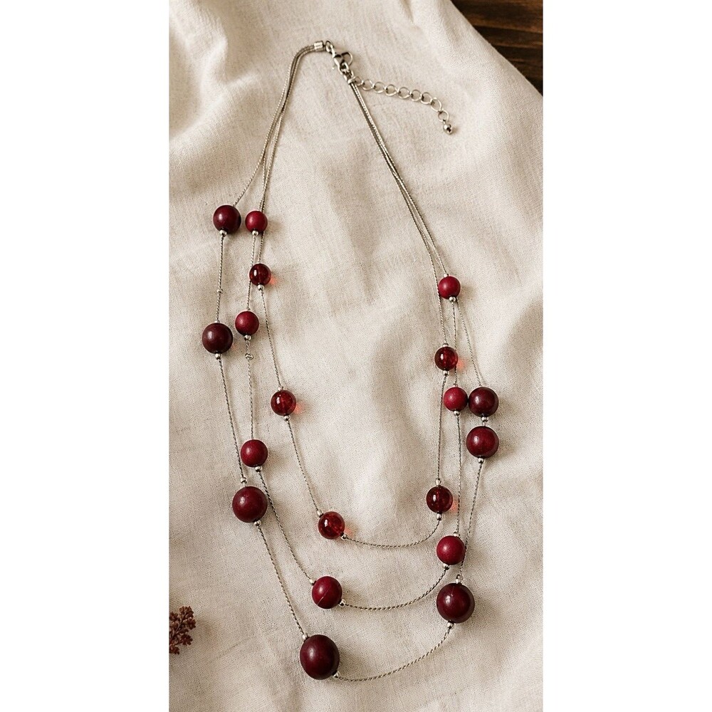 Vintage Y2K Red Beaded Triple Strand Necklace Silver Tone Statement Jewelry